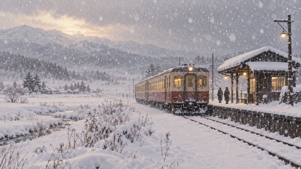 大雪中的北海道鄉間車站，兩個人影在月台上等待老式火車
